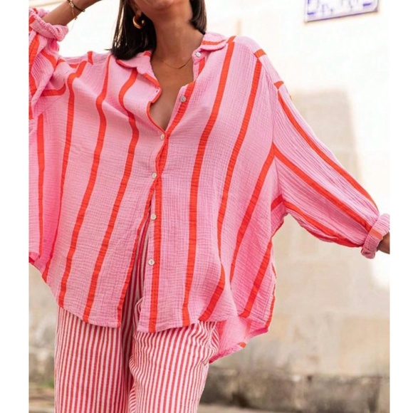 Pink Striped Oversized Button Down Shirt Long Sleeve - Picture 1 of 14